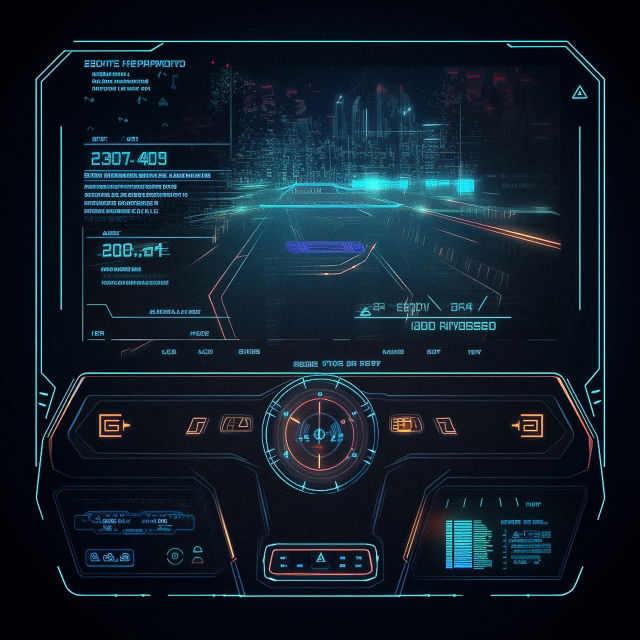 Cyberpunk hovercar HUD interface with neon cyan and orange holographic controls and city view, Midjourney V5
