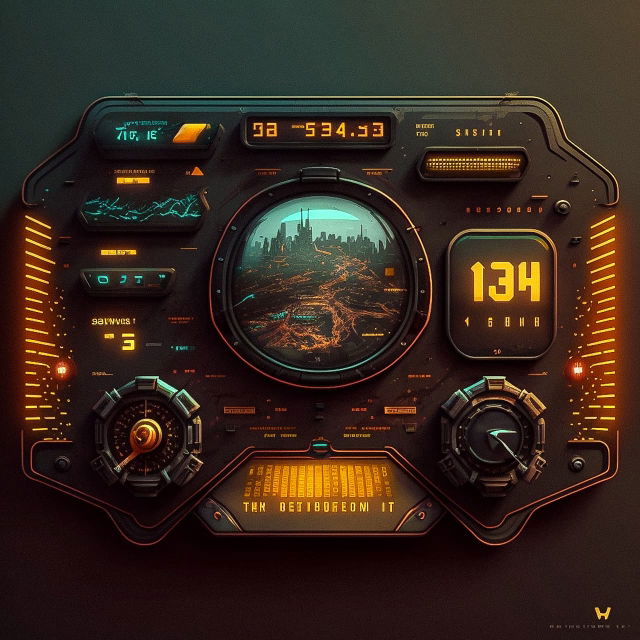Cyberpunk hovercar HUD interface with a city map, gauges, and glowing amber and teal displays, Midjourney V4