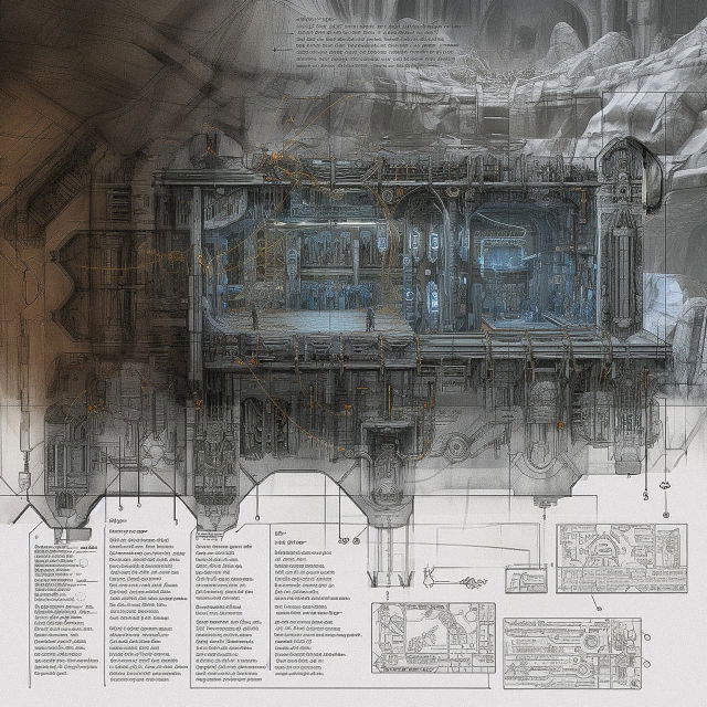 Underworld layout technical drawing with notes and measurements, Midjourney V5