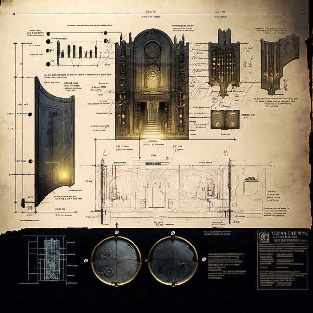 Underworld layout with measured drawings, sepia technical sketches, and dramatic golden light, Midjourney V4