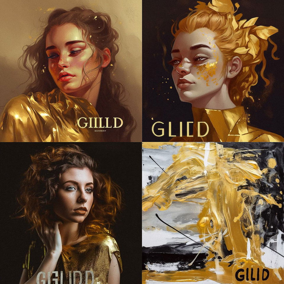Four gilded portraits and an abstract figure in rich gold and brown painterly textures, Midjourney V5