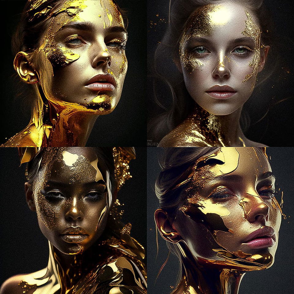 Four close-up female portraits with gilded skin, metallic texture, and dramatic golden-black light, Midjourney V4