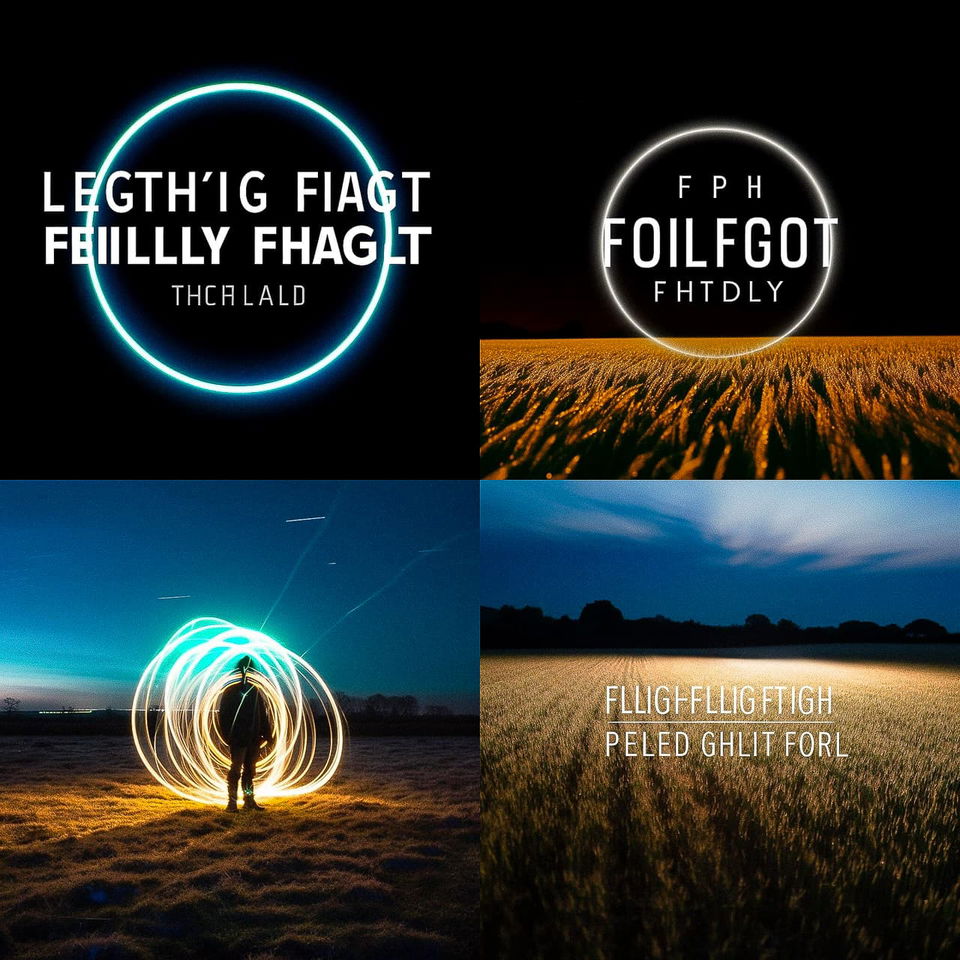 Four light field photographs with glowing text, neon rings, light trails, and night fields, Midjourney V5