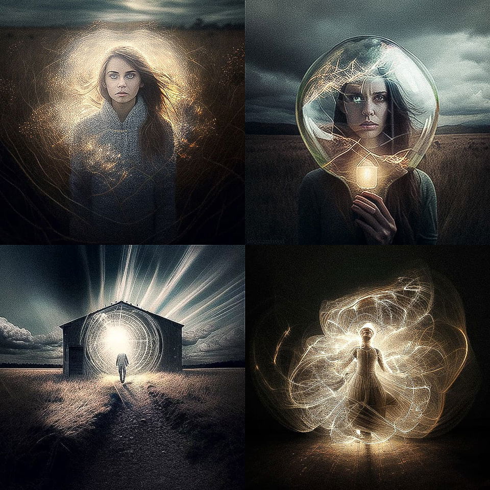 Surreal portraits and figures with glowing energy fields in dark, moody photography, Midjourney V4