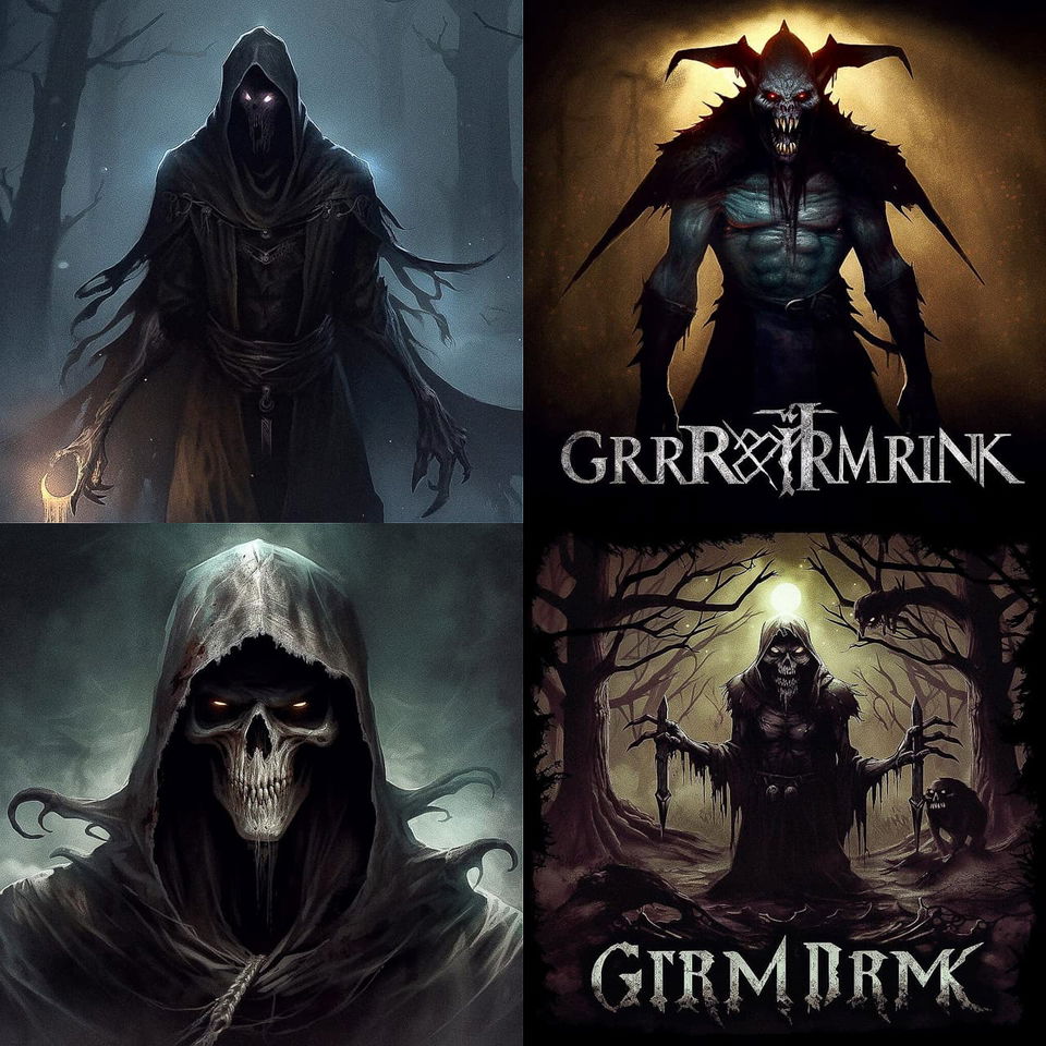 Hooded grim reapers and demonic figures in dark, muted fantasy artwork with dramatic lighting, Midjourney V5