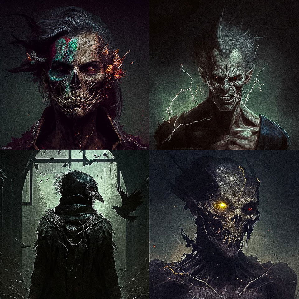 Four grimdark undead and demonic figures in dark, muted digital art with eerie green light, Midjourney V4