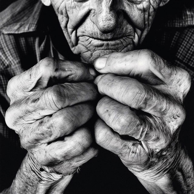 Close-up of an elderly worker’s clasped hands in stark high-contrast black-and-white photography, Midjourney V5