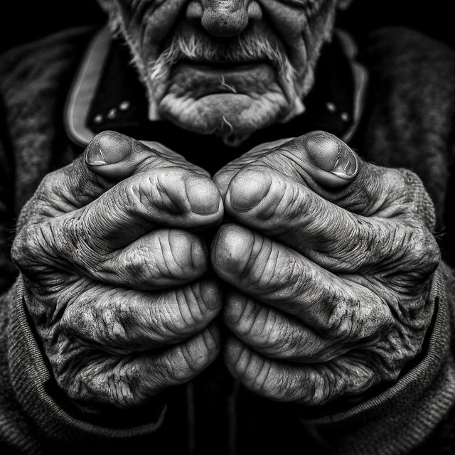 Elderly worker's clasped hands in stark black-and-white photography, in the style of Anton Corbijn, Midjourney V4