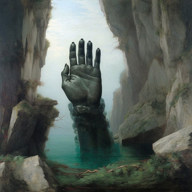 Giant statue hand rising from water in a fantasy forest, in the style of Arnold Bocklin, Midjourney V5