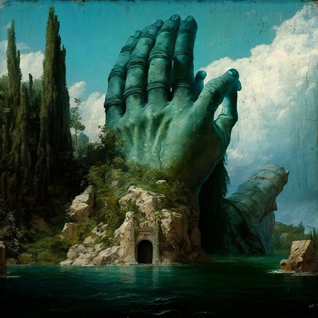 Gigantic statue hand emerging from a fantasy forest and lake, in the style of Arnold Bocklin, Midjourney V4