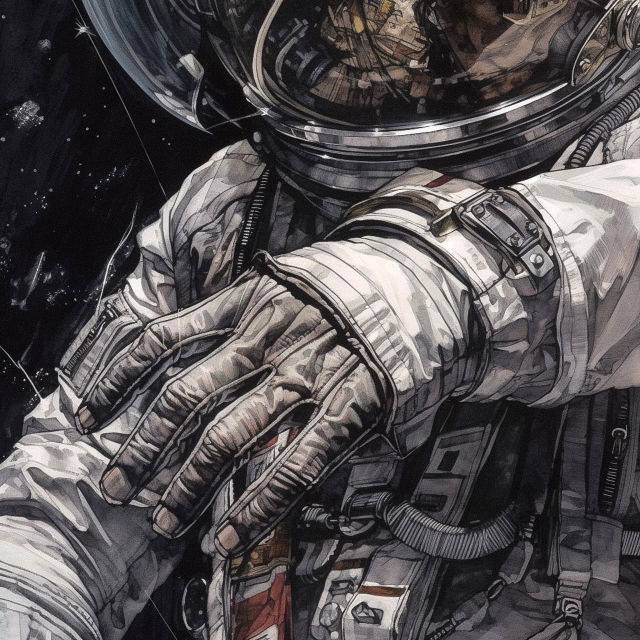 Space pilot's gloved hands in detailed monochrome ink, muted red accents, stark lighting, Midjourney V5