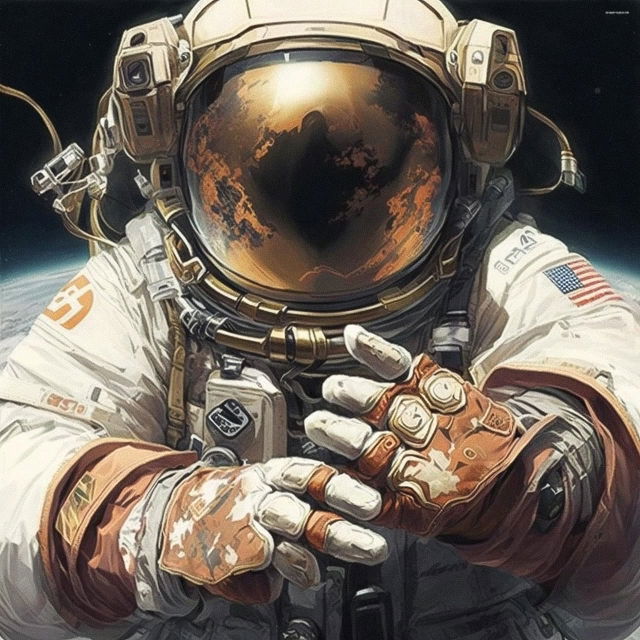 Space pilot holding gloved hands, detailed illustration with warm bronze light and dark tones, Midjourney V4