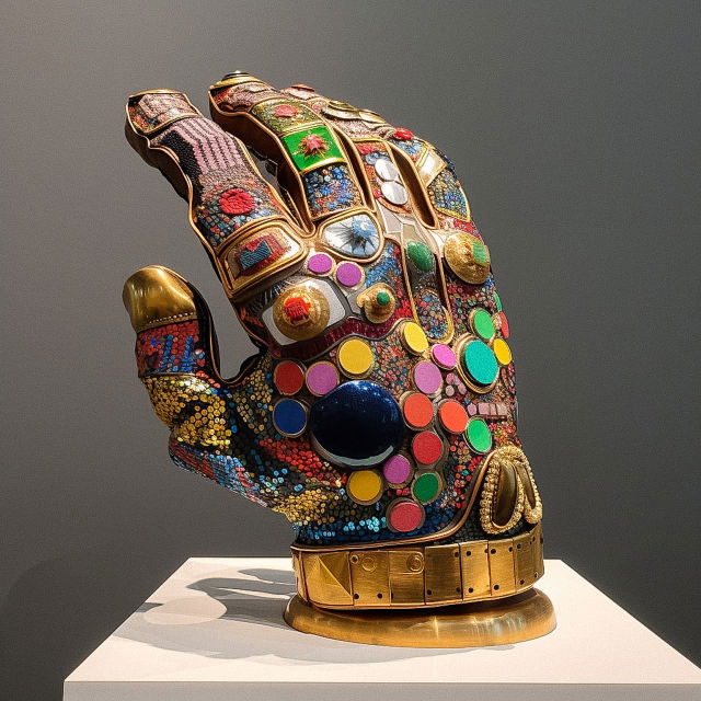 Infinity Gauntlet in the style of Walter Van Beirendonck, jeweled multicolored sculptural design, Midjourney V5