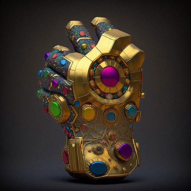 Infinity Gauntlet in the style of Walter Van Beirendonck, ornate gold, colorful jewels, studio light, Midjourney V4