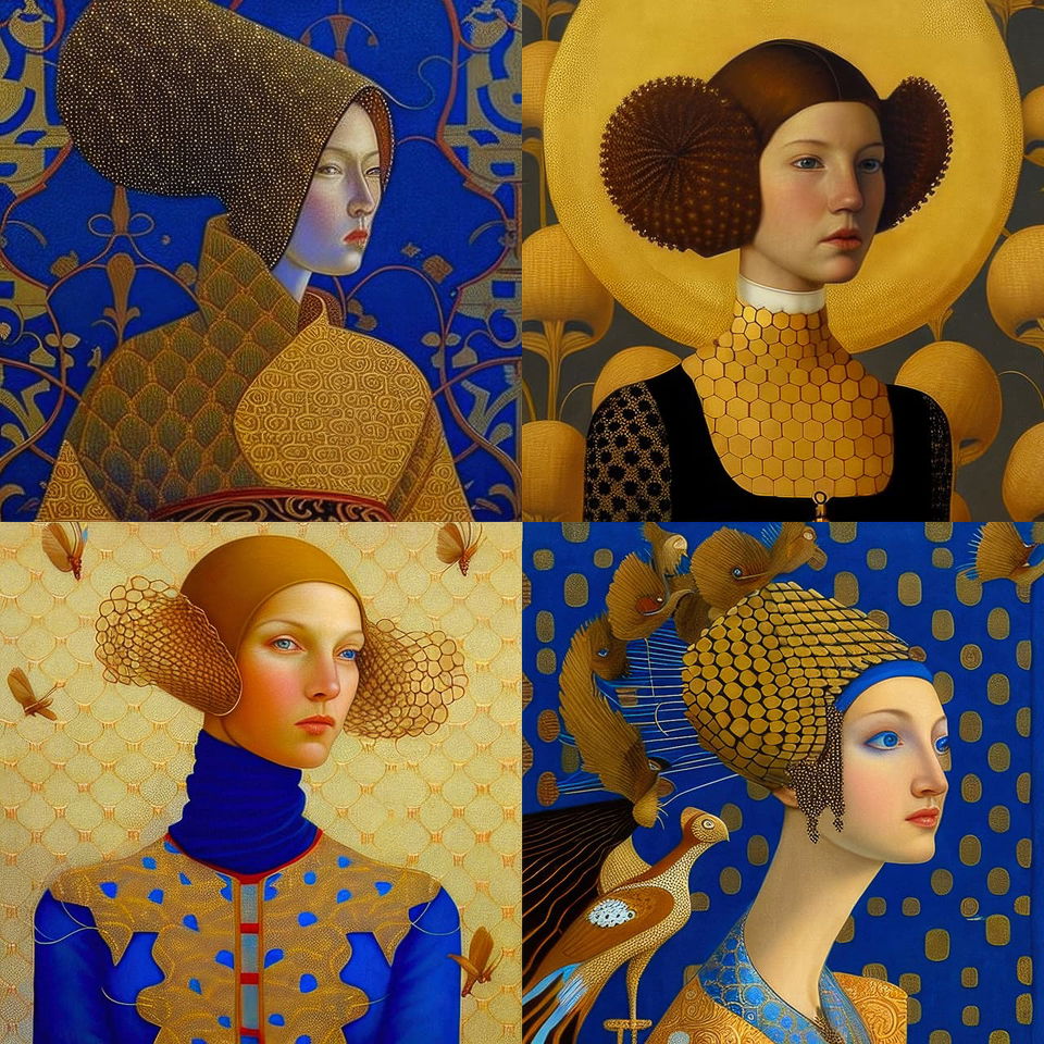 Four stylized women in ornate headwear, Art Nouveau portraits with blue, gold, and brown patterns, Midjourney V4