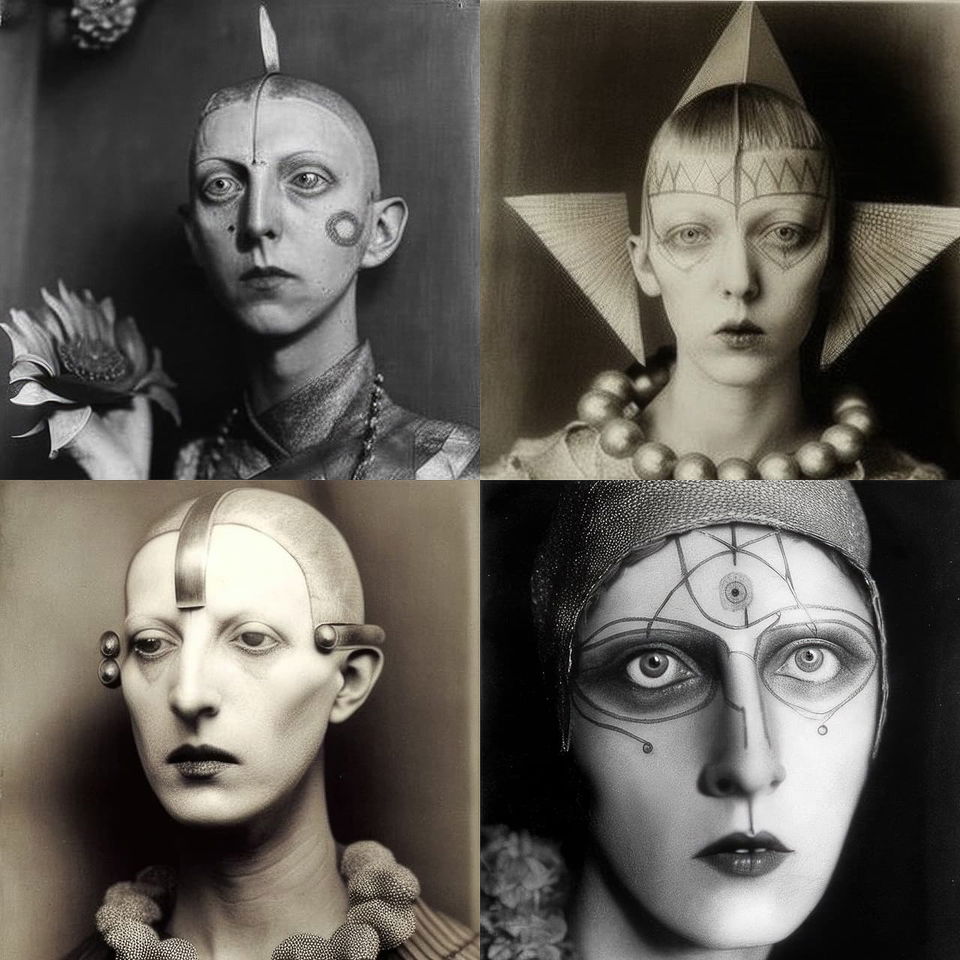 Four surreal portraits with geometric makeup and headpieces, in monochrome photographic style, Midjourney V4