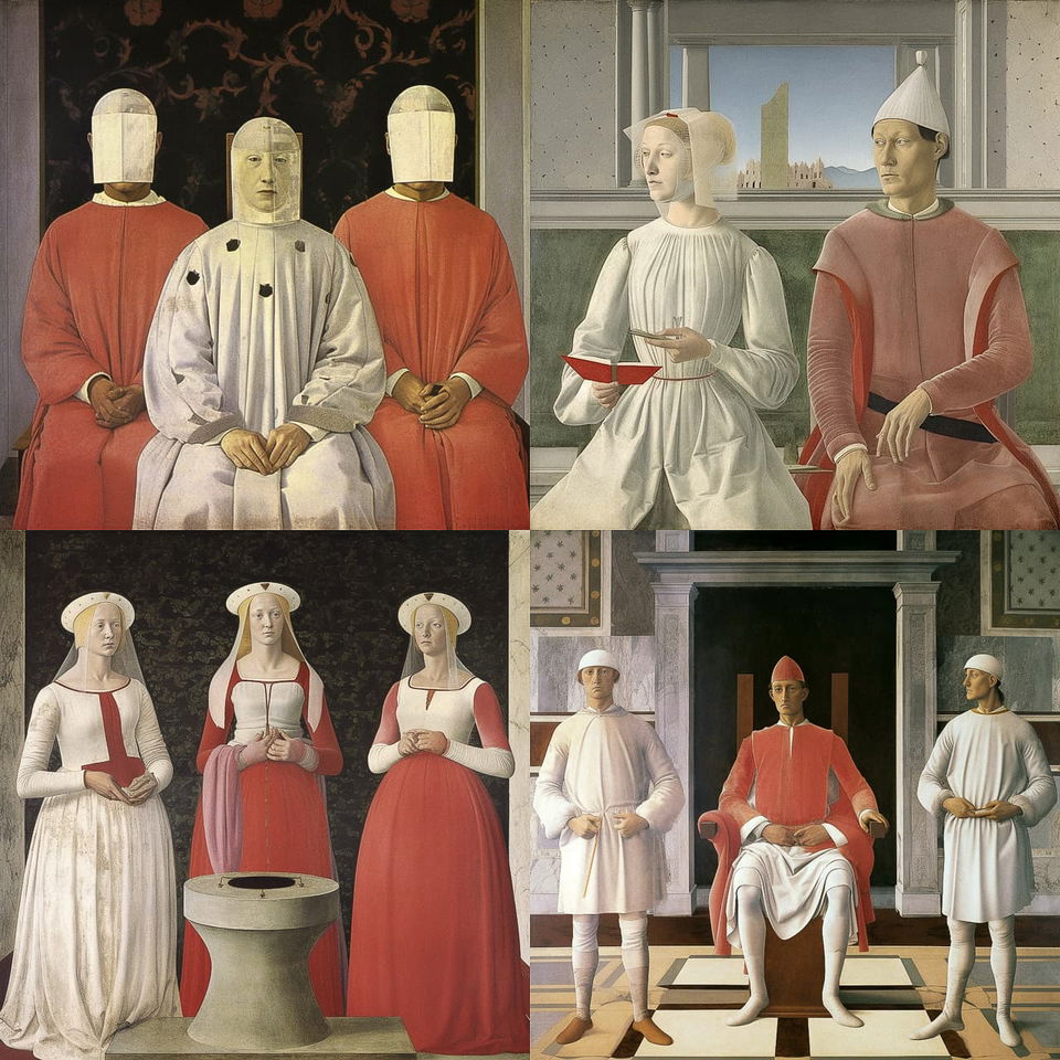 Renaissance-style portraits of solemn figures in red and white robes, muted palette and soft light, Midjourney V5
