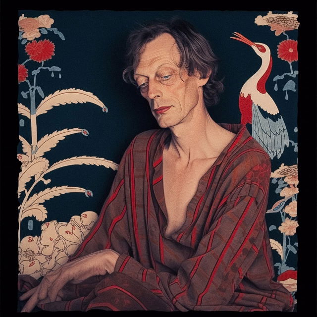 Seated woman with cranes and flowers, in the style of George Barbier, muted red-blue palette, Midjourney V5