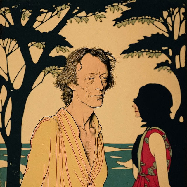 Portrait of a man and woman in an Art Nouveau illustration style, warm muted palette and flat light, Midjourney V4