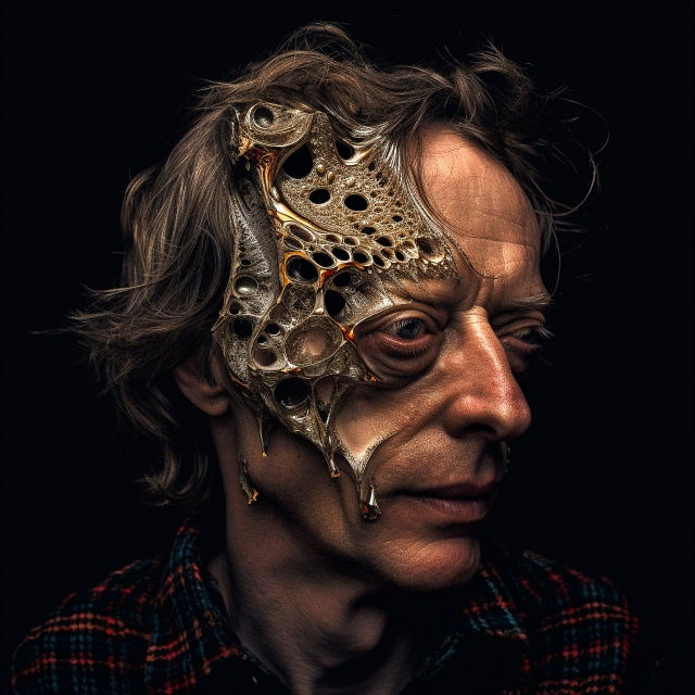 Portrait of a man wearing an ornate metallic mask, dark photorealistic lighting and warm tones, Midjourney V5