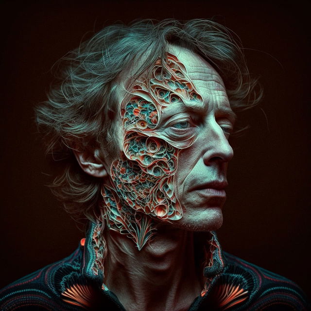 Profile portrait of a man with an intricate biomechanical face, teal and red photorealistic lighting, Midjourney V4
