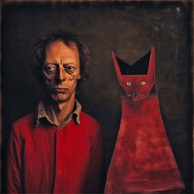 Man beside red horned creature, in the style of Rufino Tamayo, dark earthy palette, dramatic light, Midjourney V5