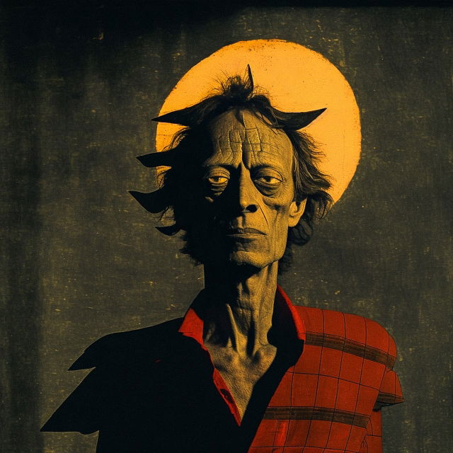 Gaunt horned figure in the style of Rufino Tamayo, dark textured painting with orange and red tones, Midjourney V4