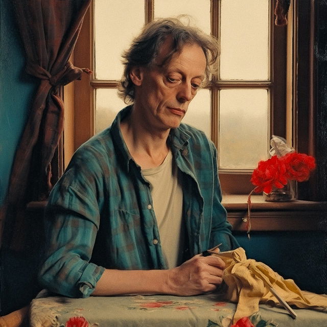 Woman sewing yellow fabric by a window, warm painterly realism with muted teal tones and soft light, Midjourney V5