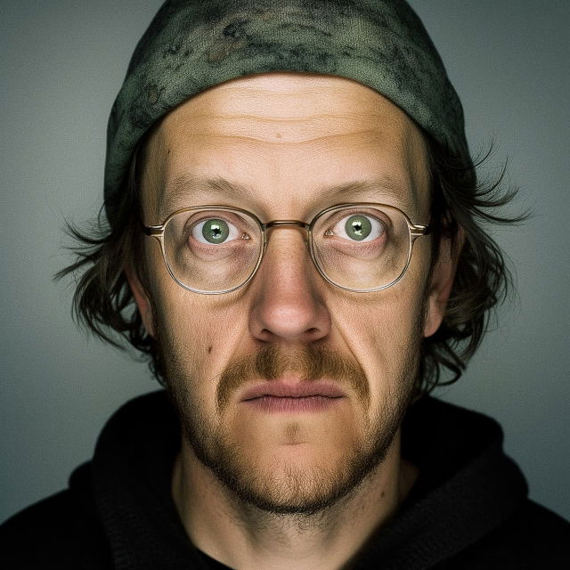 Close-up portrait of a bespectacled man in a beanie, realistic studio lighting and muted tones, Midjourney V5