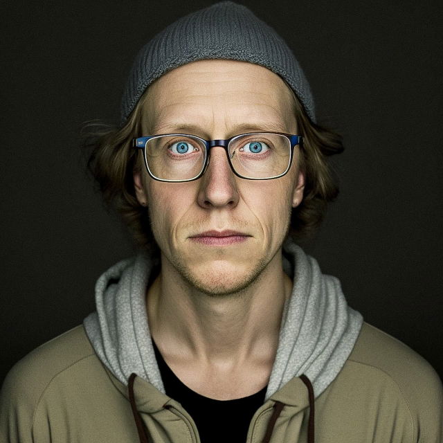 Front-facing man in glasses and knit cap, sharply lit realistic portrait in muted colors, Midjourney V4