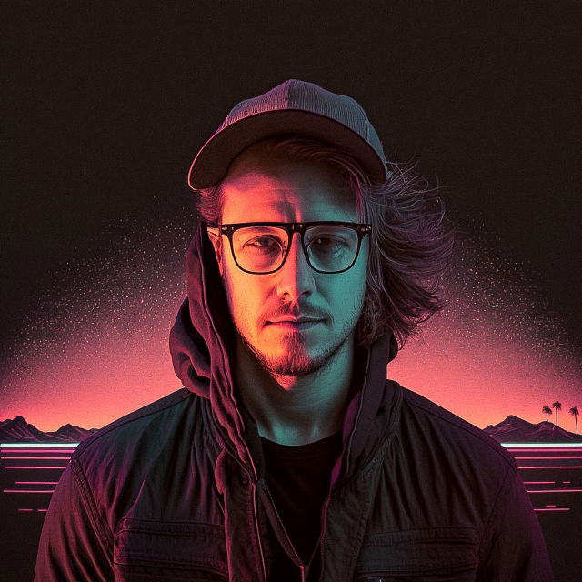 Portrait of a man in glasses and a cap, synthwave neon lighting in pink and teal, Midjourney V5