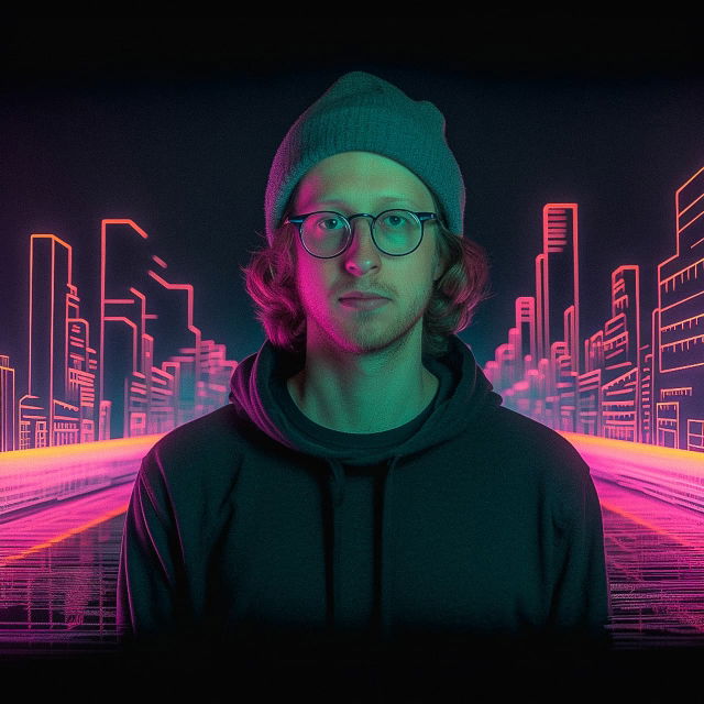 Portrait of a person in glasses and a beanie, with neon pink and teal synthwave lighting, Midjourney V4