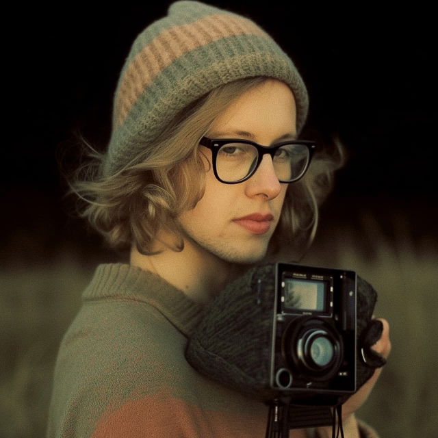 Woman in glasses and knit hat holding a vintage camera, softly lit in muted earthy tones, Midjourney V5