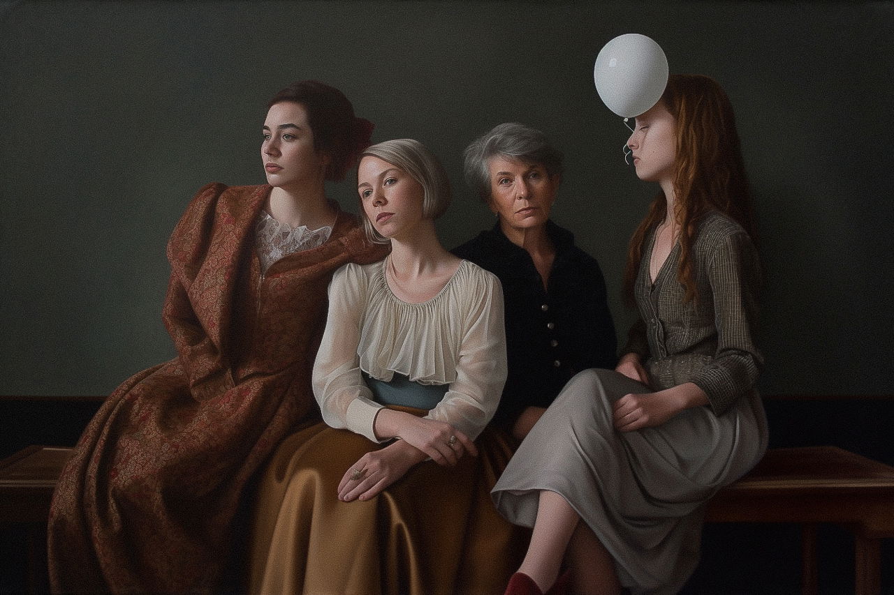 Four women posing for a family portrait in the style of Mary Jane Ansell, muted colors, soft light, Midjourney V5