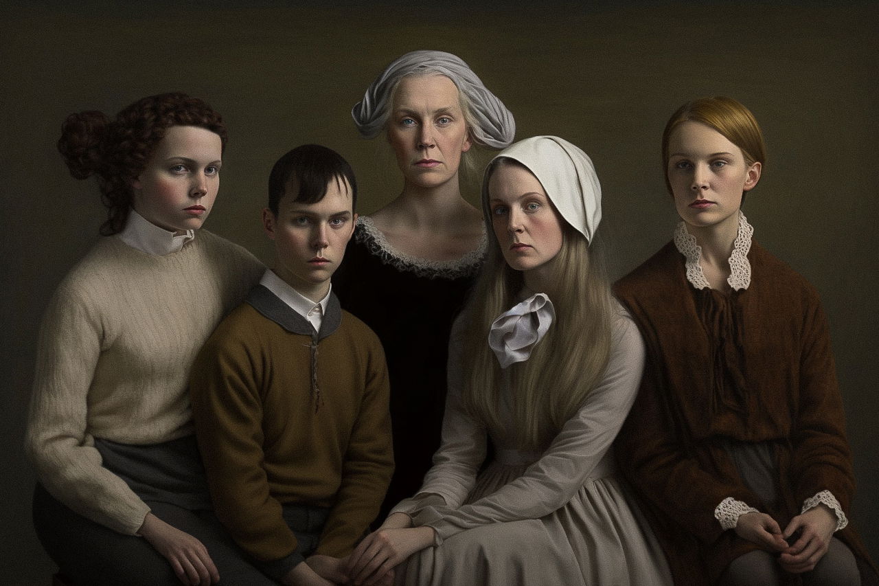 Family portrait in the style of Mary Jane Ansell, dark realistic oil painting with muted colors, Midjourney V4