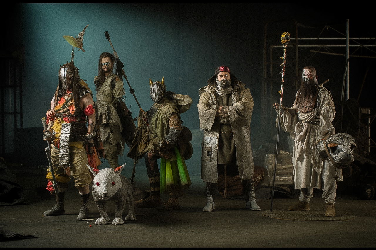 Post-apocalyptic samurai monster-hunters squad in grim, darkly lit cinematic realism, Midjourney V5