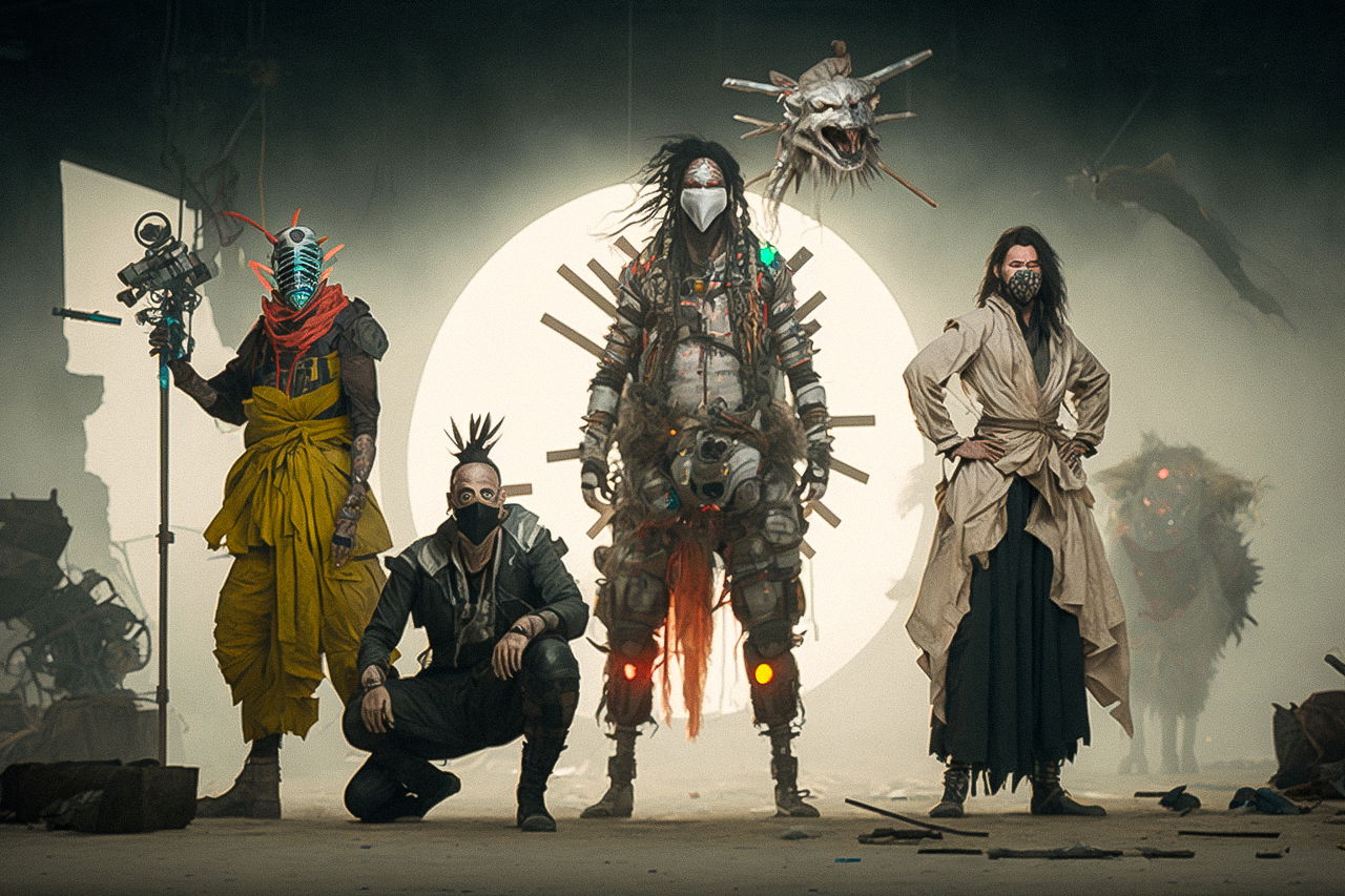 Post-apocalyptic samurai monster-hunters squad in gritty cinematic muted tones and backlighting, Midjourney V4