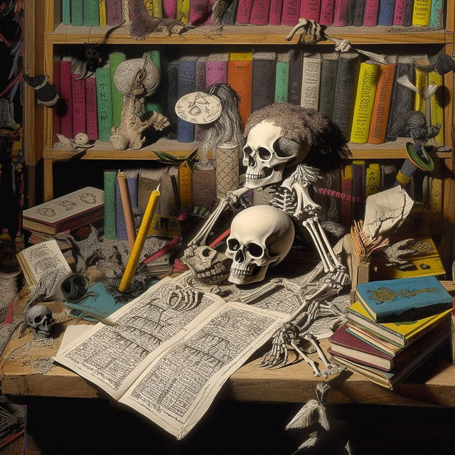 Voodoo witch workbench with skeletons, books and occult tools, in the style of Gary Panter, Midjourney V5