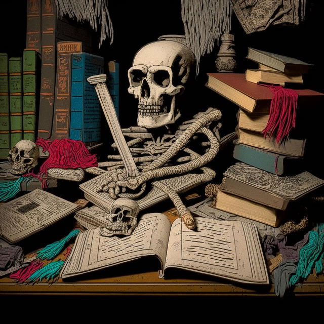 Voodoo witch workbench with skeletons, books, and charms in Gary Panter's illustration style, Midjourney V4