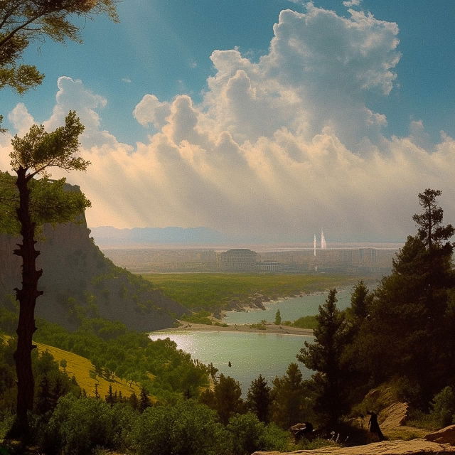 Mountain valley with lake and distant city, luminous romantic landscape in warm colors, Midjourney V5