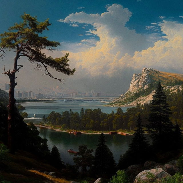 Mountain lake and city framed by trees, in the style of Albert Bierstadt, with warm light, Midjourney V4