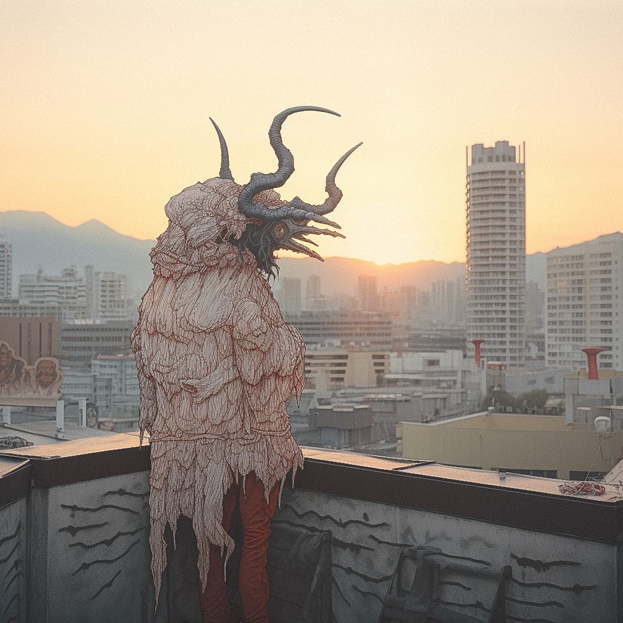 Ancient horned creature on a city rooftop, intricate comic-book linework, muted sunset palette, Midjourney V5