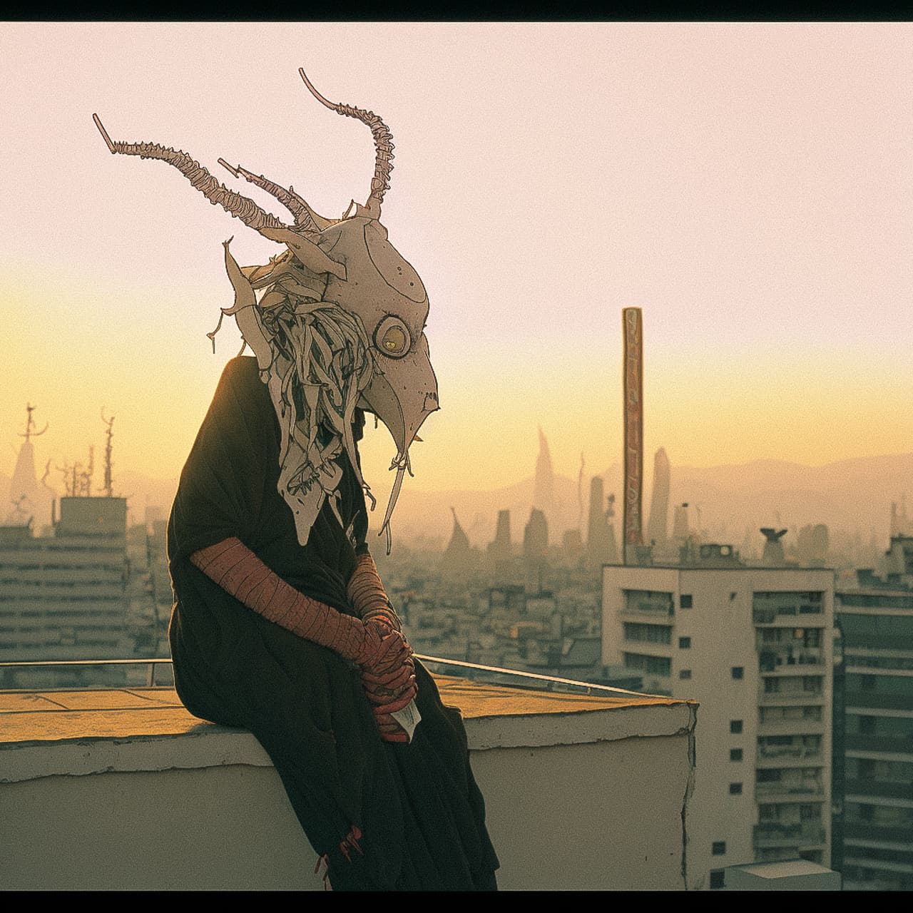 Ancient masked creature on a rooftop above a city, comic-style illustration in warm sunset tones, Midjourney V4
