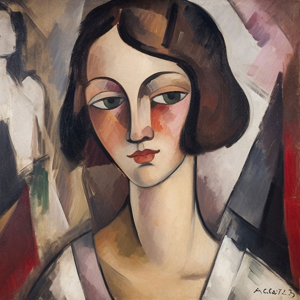 Stylized woman with a bob haircut in the style of Alice Bailly, painted in muted warm tones, Midjourney V5