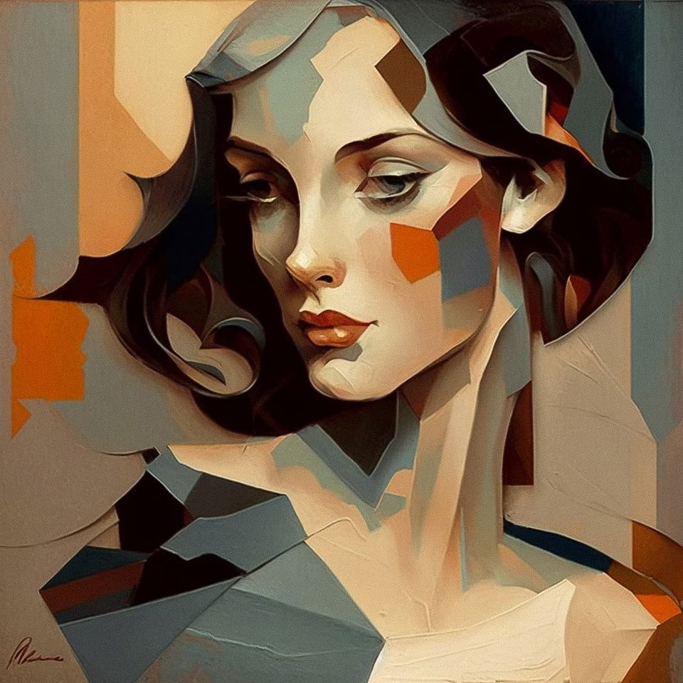 Woman’s portrait in the style of Alice Bailly, with geometric shapes and warm muted colors, Midjourney V4