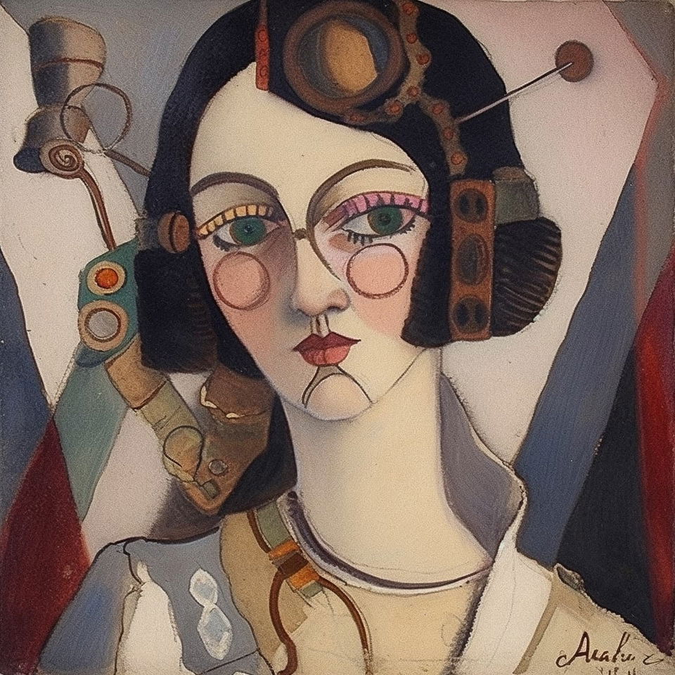 Steampunk woman in the style of Alice Bailly, illustrated with muted colors and soft light, Midjourney V5