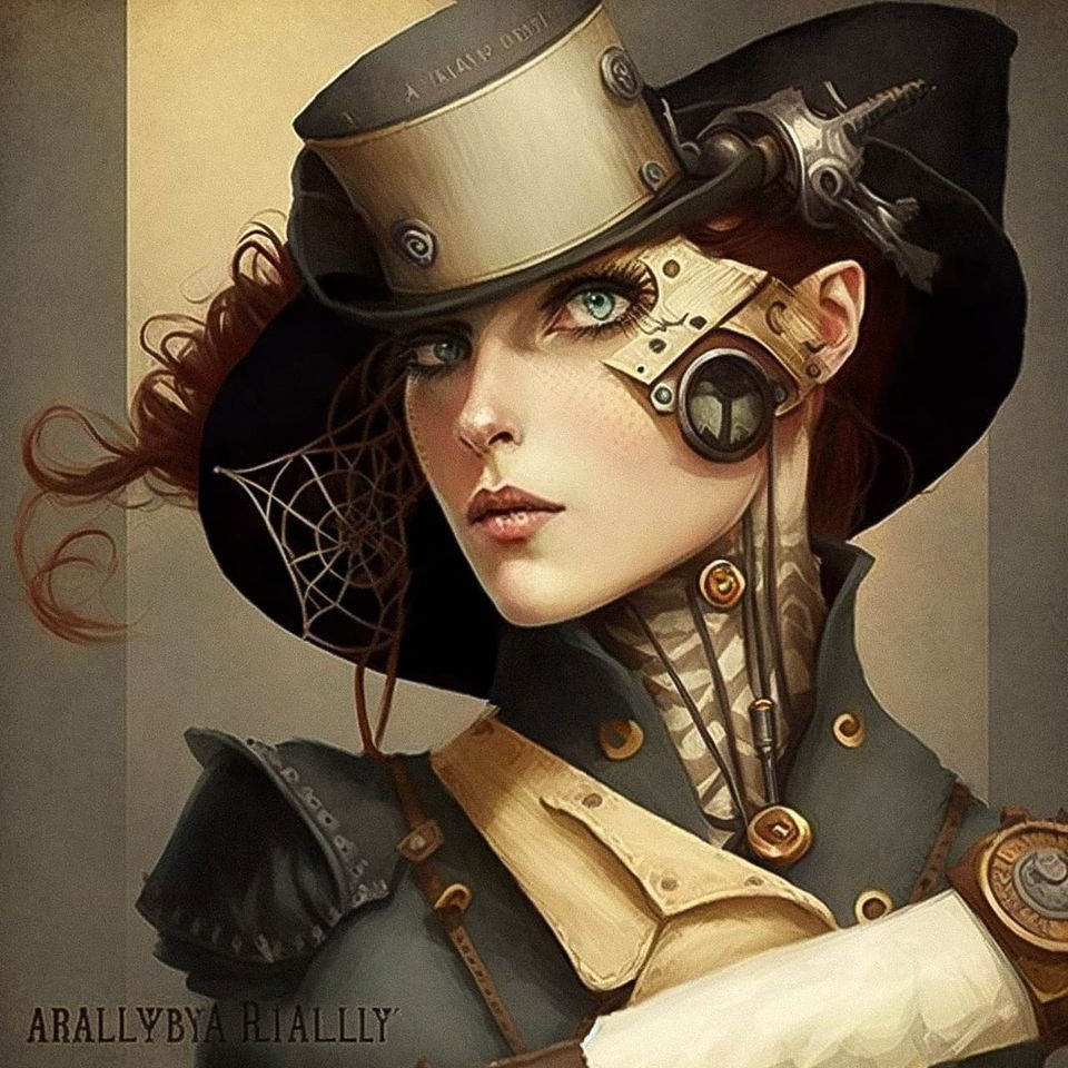 Steampunk woman with mechanical eye and top hat, in the style of Alice Bailly, warm painterly tones, Midjourney V4
