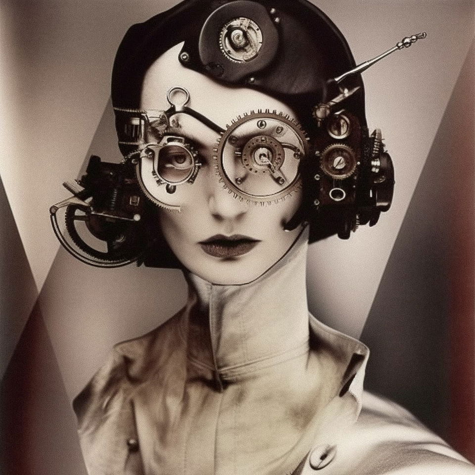 Steampunk character in the style of Erwin Blumenfeld, sepia photography and soft lighting, Midjourney V5