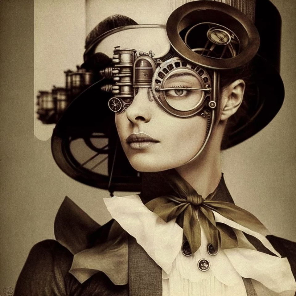 Steampunk woman with goggles and hat, sepia vintage portrait in the style of Erwin Blumenfeld, Midjourney V4