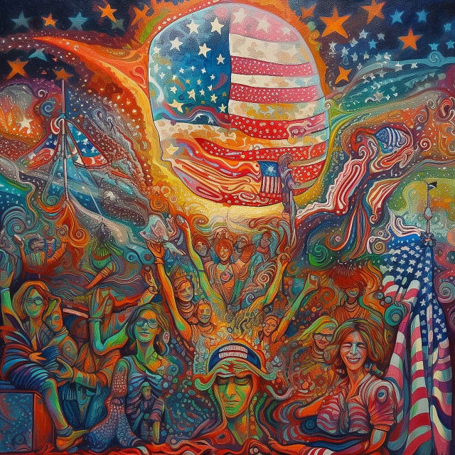 Independence Day celebration in a psychedelic painting with vivid red, blue, and orange swirls, Midjourney V5